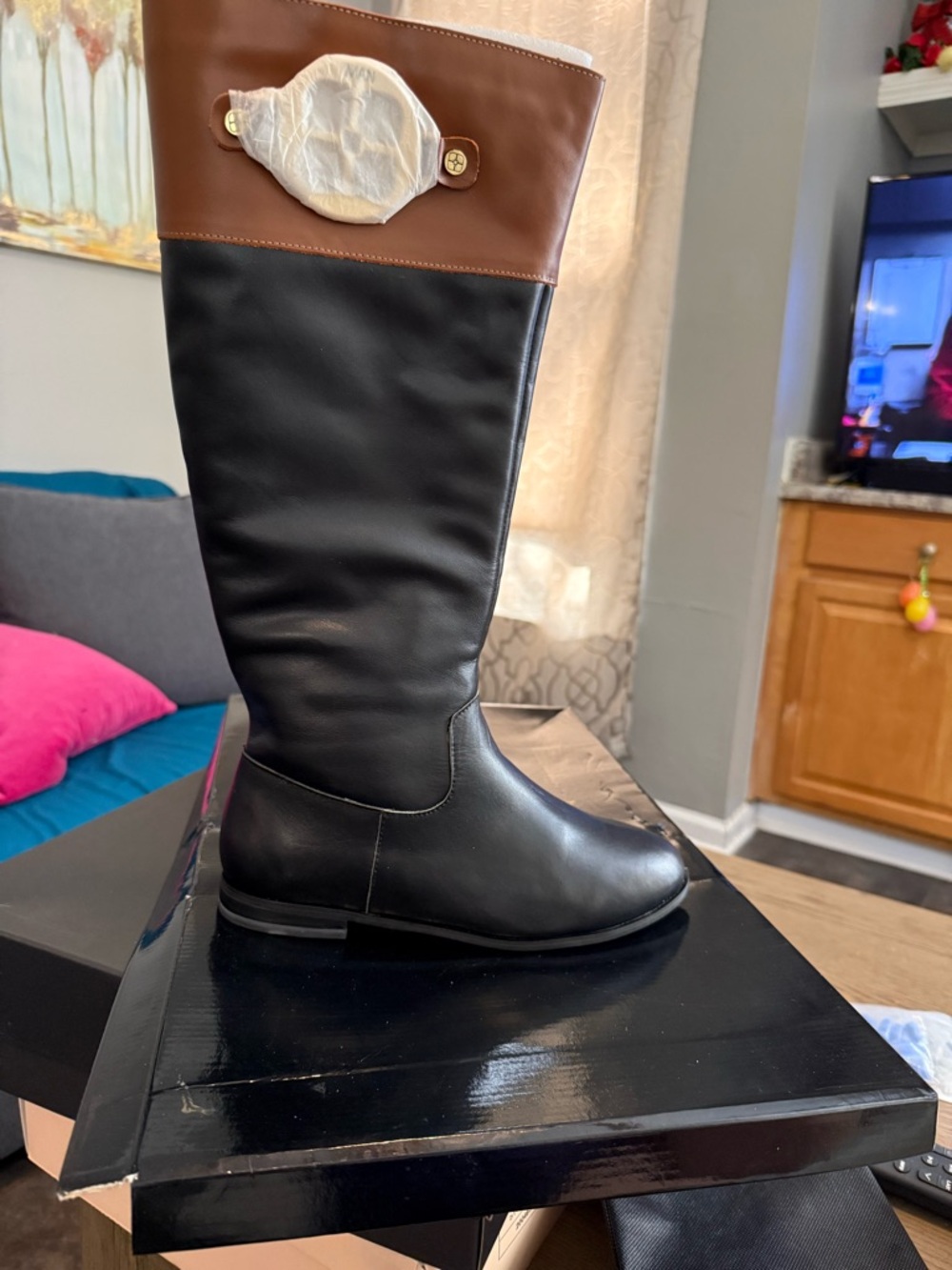 IMAN Black and Brown Tall Combat-Style Moto Boots